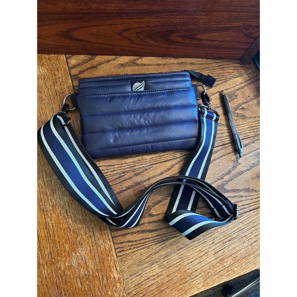 Think Royln Navy Blue Quilted Crossbody Bag Metallic Puffer Guitar Strap Zip